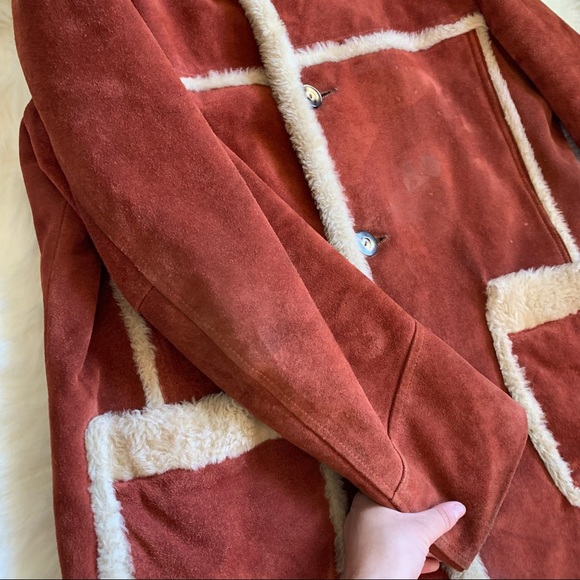 RARE vintage 70s burnt orange genuine suede Sherpa retro coat size XL - Picture 7 of 16